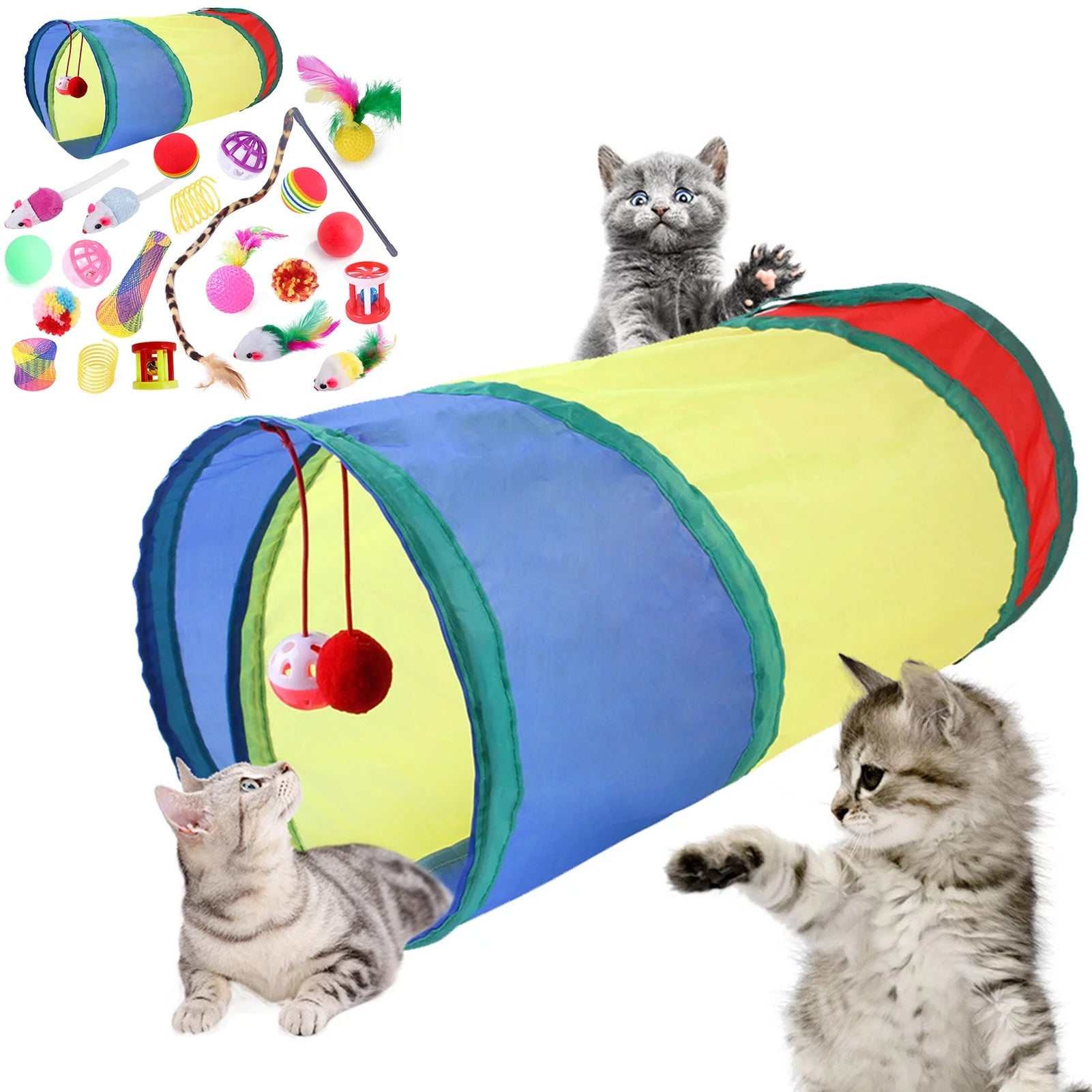 Exciting 22-Piece Cat Toy Set - Interactive Tunnels, Colorful Balls & Feather Teasers for Hours of Indoor Fun!