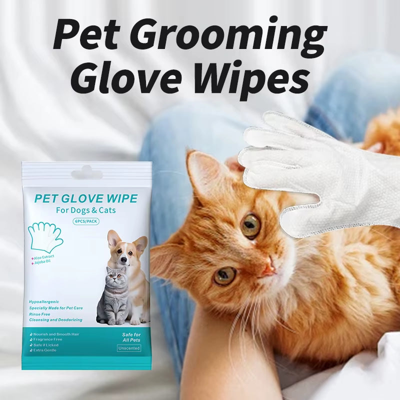 6PCS Disposable Pet Wash-Free Gloves - Gentle Deodorant Wipes for Cats and Dogs, Convenient Cleaning Solution