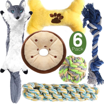 Ultimate 6-Pack Dog Puppy Toys - Plush Squeaky Chew Toys & Tough Interactive Rope for Small to Medium Dogs - Perfect for Teeth Cleaning and Playtime!