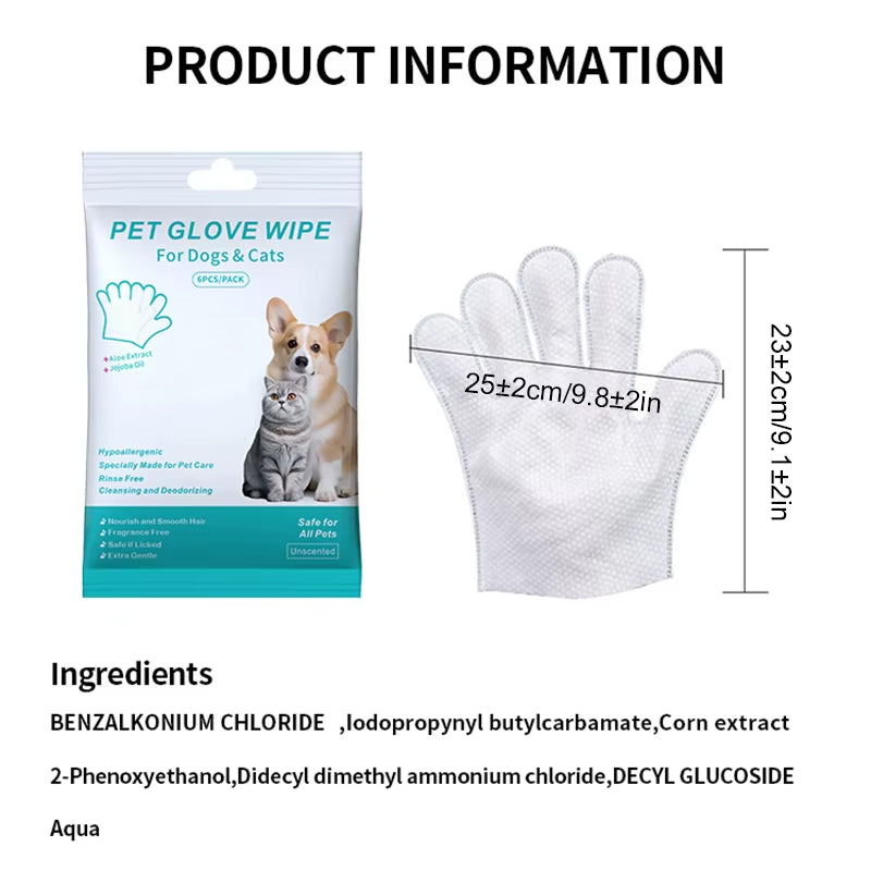 6PCS Disposable Pet Wash-Free Gloves - Gentle Deodorant Wipes for Cats and Dogs, Convenient Cleaning Solution