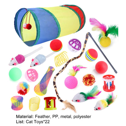 Exciting 22-Piece Cat Toy Set - Interactive Tunnels, Colorful Balls & Feather Teasers for Hours of Indoor Fun!