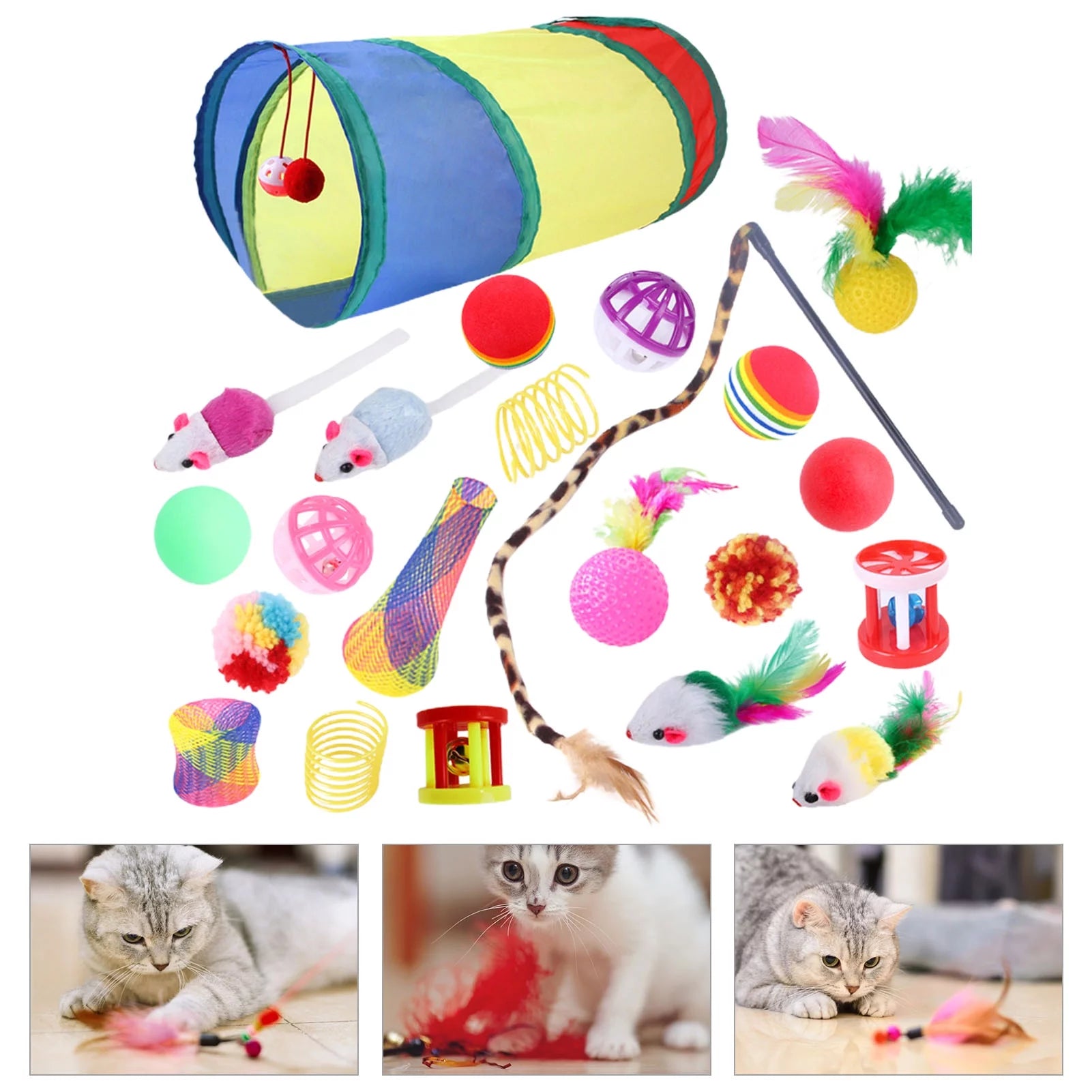 Exciting 22-Piece Cat Toy Set - Interactive Tunnels, Colorful Balls & Feather Teasers for Hours of Indoor Fun!