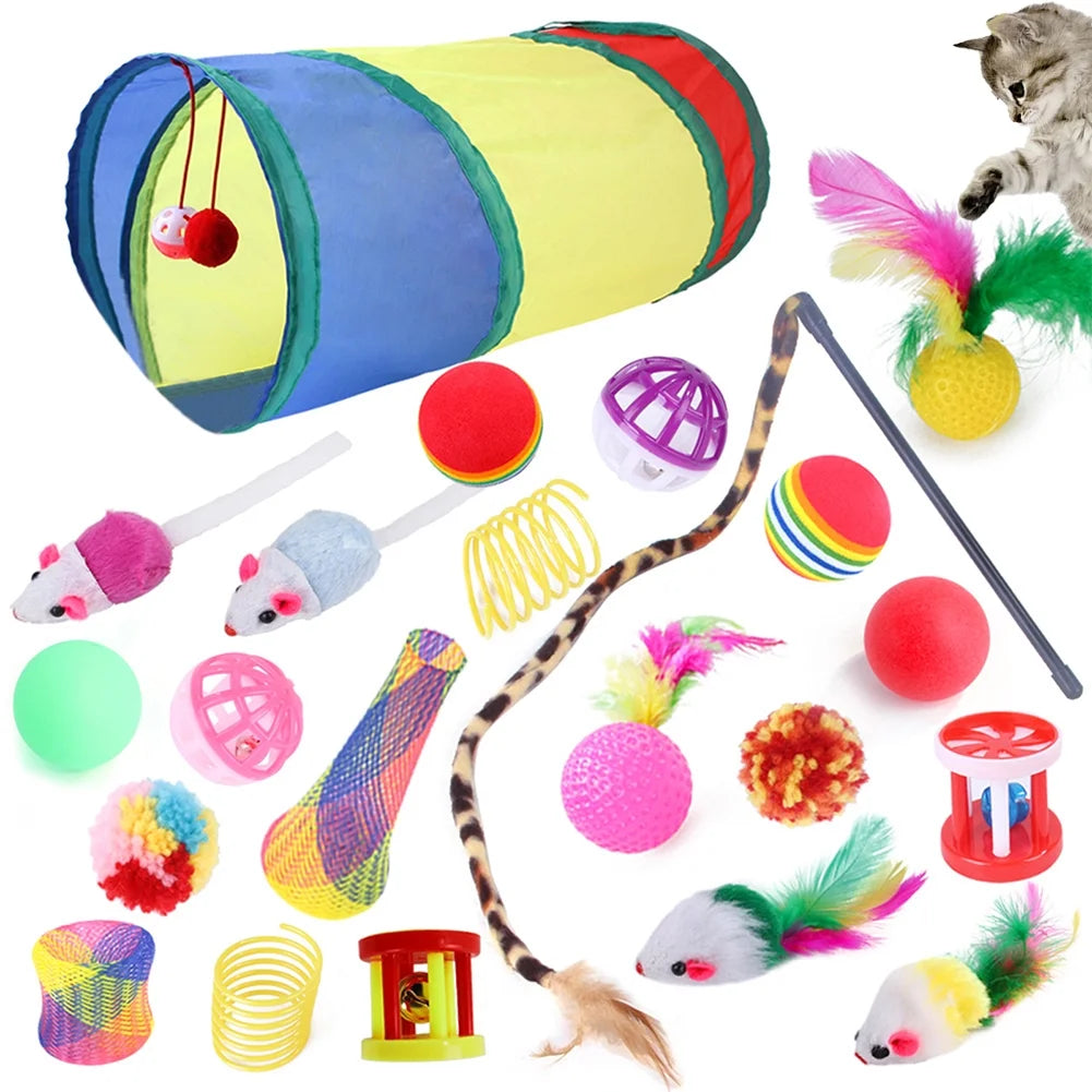 Exciting 22-Piece Cat Toy Set - Interactive Tunnels, Colorful Balls & Feather Teasers for Hours of Indoor Fun!