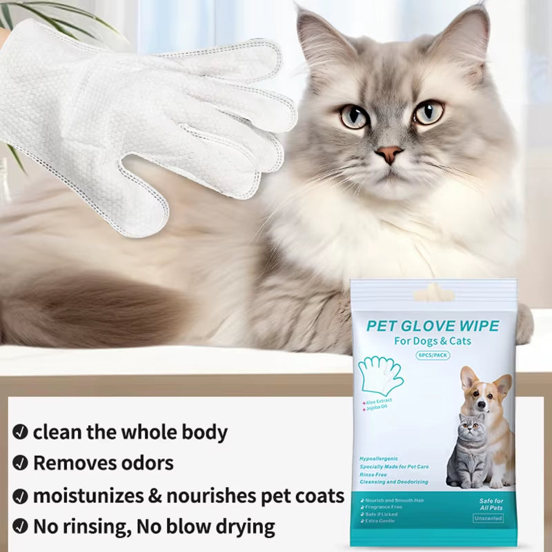 6PCS Disposable Pet Wash-Free Gloves - Gentle Deodorant Wipes for Cats and Dogs, Convenient Cleaning Solution